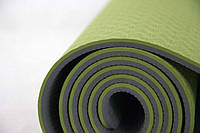 Коврик для йоги и фитнеса (йога мат ТПЕ) TPE+TC 183х61см 6мм толщиной двухслойный серый/салатовый