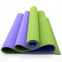 Коврик для йоги и фитнеса (йога мат ТПЕ) TPE+TC 183х61см 6мм толщиной двухслойный салатовый/фиолетовый