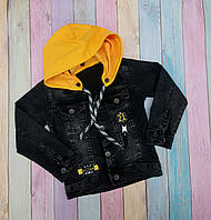Джинсова куртка для хлопчиків, з трикотажним капюшоном жовтого кольору на ґудзиках р 128
