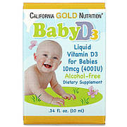 Вітамін D3 для дитини California Gold Nutrition, Baby Vitamin D3 Liquid, 10 mcg (400 IU), 0.34 fl oz (10 ml)