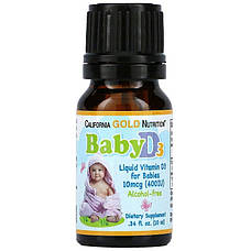 Вітамін D3 для дитини California Gold Nutrition, Baby Vitamin D3 Liquid, 10 mcg (400 IU), 0.34 fl oz (10 ml), фото 2