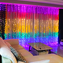Гірлянда Роса штора світлодіодна Веселка 3 м*2.80 м., USB, пульт, з гачками, мультиколор.