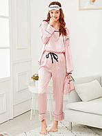 Комплект шелковый в полоску для сна, дома из 7 предметов. Пижама женская в стиле VS, размер XXL (розовый)