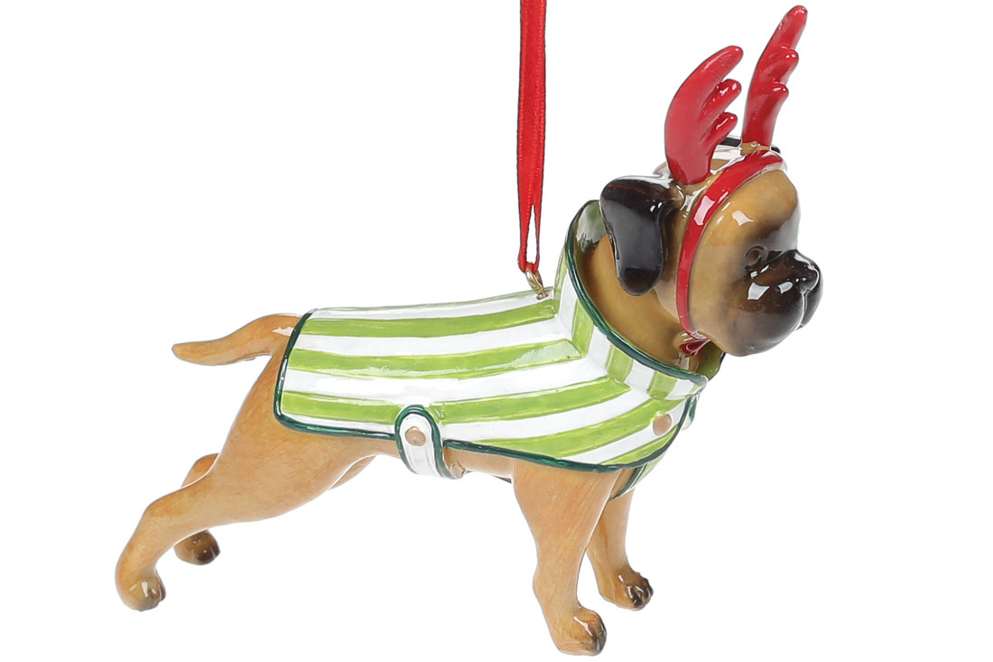 Ялинкова прикраса Французький бульдог у святкових рожках 12.5 см, фото 1