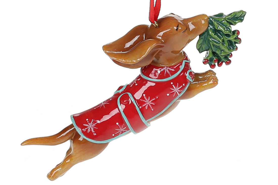 Ялинкова прикраса Такса з омелою 12.5 см, фото 1