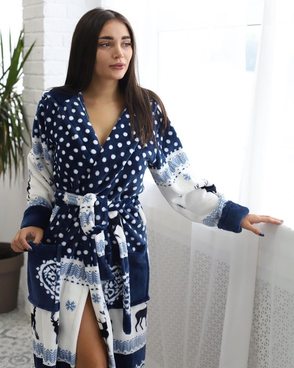 Халат жіночий махровий довгий з оленями синій (халат лазневий жіночий), фото 1