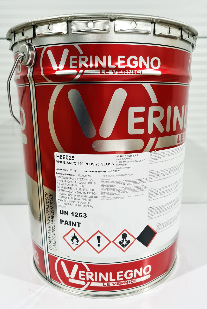 Фарба VPK BIANCO 420 PLUS - біла шовковисто - матова поліуретанова для МДФ, деревини (блиск 25), тара: 25кг - Verinlegno