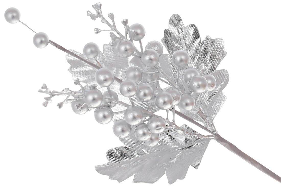 Декоративна гілка з ягодами 29см, колір - матове срібло - 12 шт УПАКОВКА ТОВАР ВІД ВИРОБНИКА