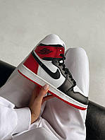 Зимние женские кроссовки Nike Air Jordan 1 Красно-черные Кожаные на меху Люкс