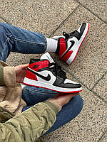 Зимние женские кроссовки Nike Air Jordan 1 Красно-черные Кожаные на меху Люкс