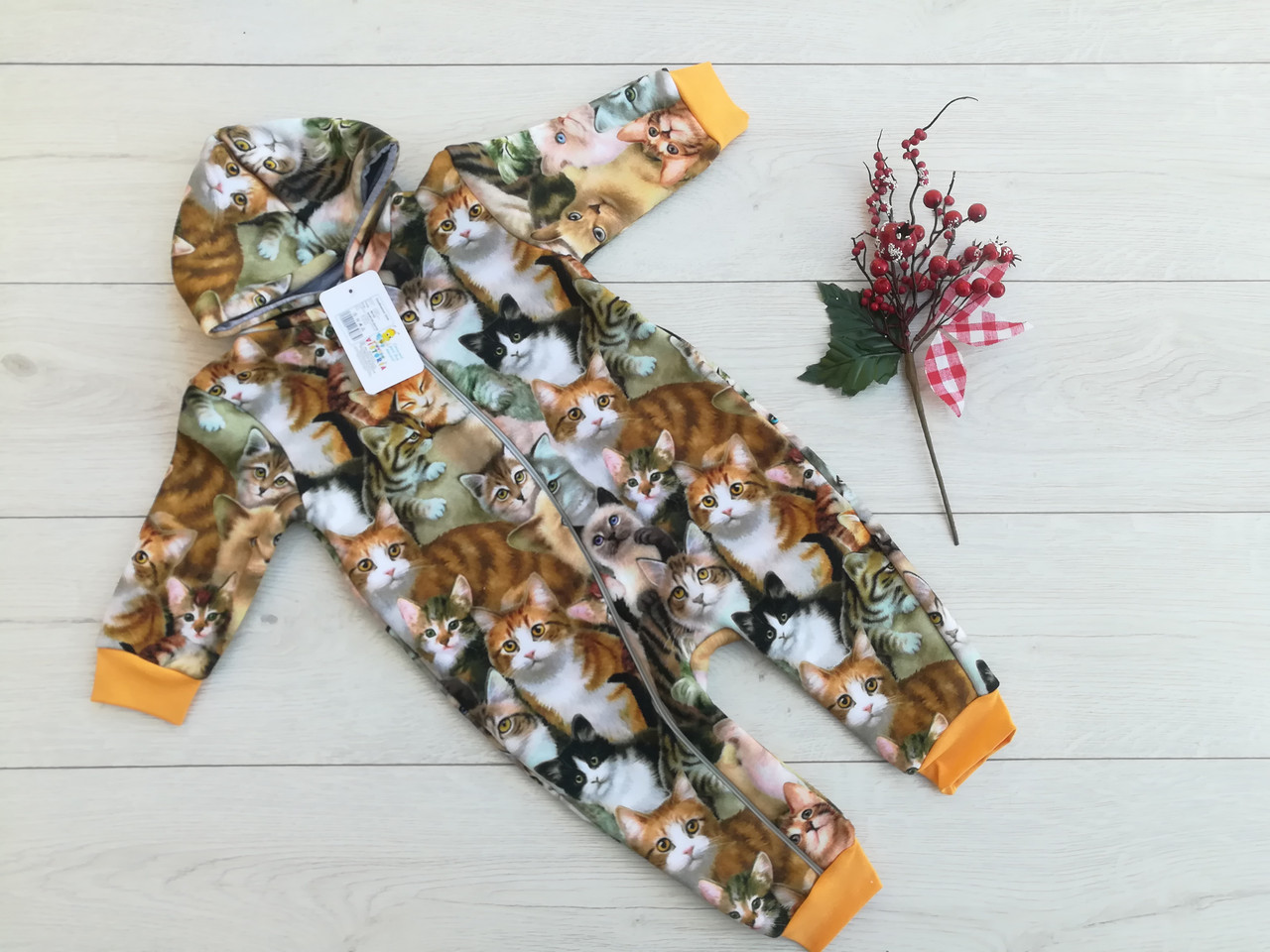 Дитячий теплий ошатний чоловічок Ромпер на змійці "Котики" (тринитка) зріст 74 і 80 см, фото 1