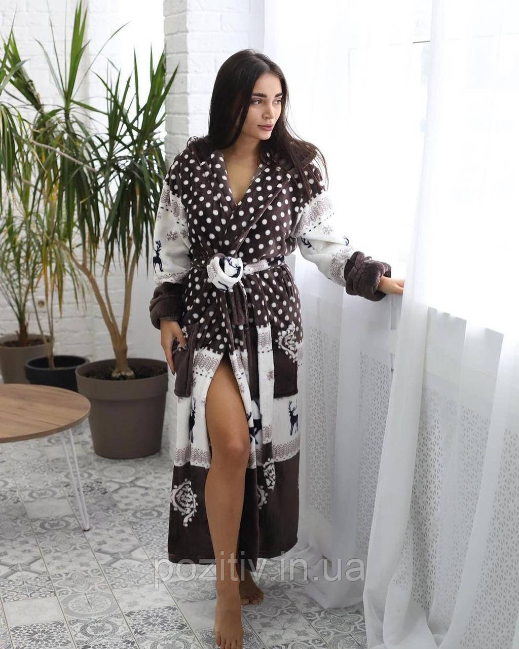 Халат жіночий махровий довгий з оленями коричневий (банний халат жіночий) L, XL, XXL, фото 1