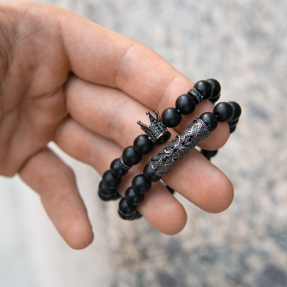 Браслет чоловічий з натурального каменю KRONOS BLACK чорний комплект