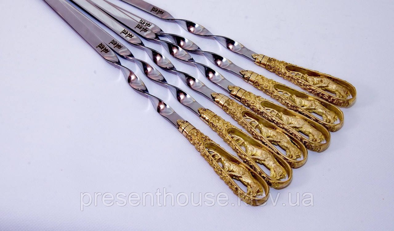 Набір  литих шампурів  ручної роботи "Олень" у сагайдаку, латунь., фото 1