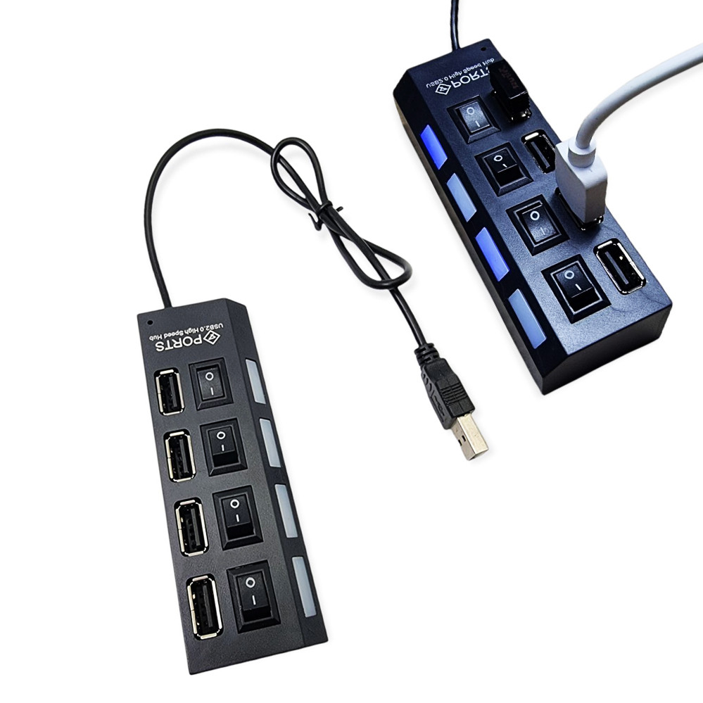 USB хаб 2.0 концентратор адаптер розгалужувач на 4 порти з перемикачами на кожен порт чорний живлення від USB, фото 1