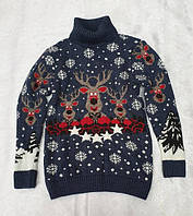 В'язаний светр з оленями на хлопчиків 6-7,8-9 років Синій