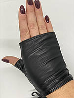 Перчатки женские кожаные митенки без пальцев водительские чёрные на шёлковой подкладке