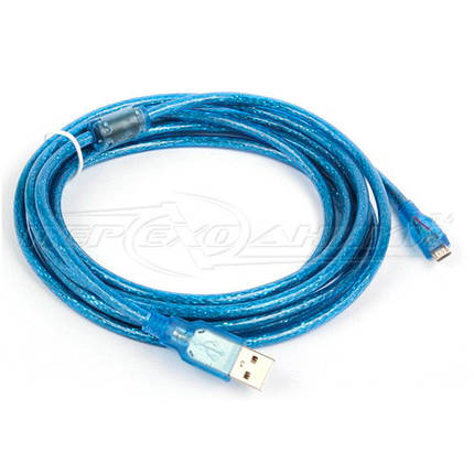 Кабель USB 2.0 — micro USB, з феритом, синій прозорий, 5 м, фото 3