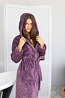 Теплый халат женский махровый длинный баклажан (халат банный женский) S,M, L, XL