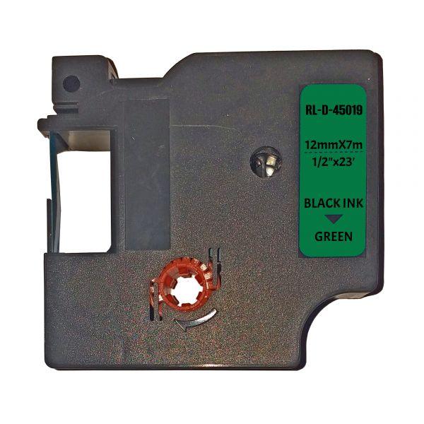 Зелена універсальна стрічка 12мм 7м сумісна з Dymo D1 S0720590 Ukrmark D-45019P чорним на зеленому