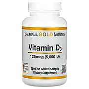 California Gold Nutrition, вітамін D3, 125 мкг (5000 МО), 360 капсул із риб'ячого желатину