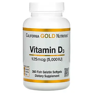 California Gold Nutrition, вітамін D3, 125 мкг (5000 МО), 360 капсул із риб'ячого желатину, фото 2