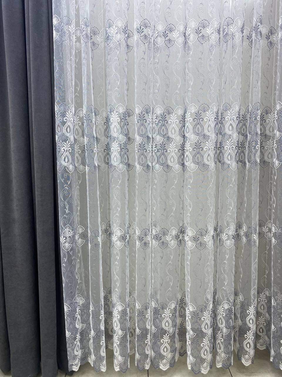 Ціна за 290см х 270см! Тюль в 4 ряди вишивки на основі фатинової сітки Колір: сірий, фото 1