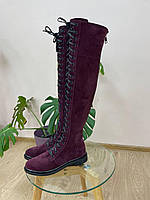 Женские сапоги ботфорты на шнуровке натуральные замшевые, цвета марсала. Сапоги высокие осенние, деми, зимние 40