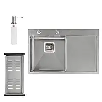 Набір 3 в 1 Qtap кухонна мийка DK7850L 3.0/1.2 мм Satin + сушарка + дозатор для мийного засобу