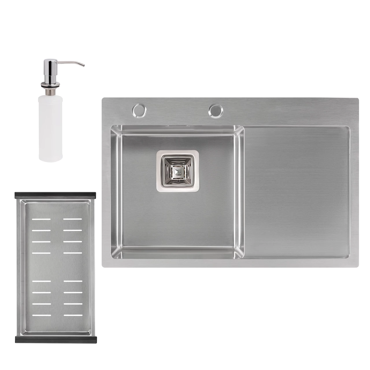 Набір 3 в 1 Qtap кухонна мийка DK6845L 3.0/1.2 мм Satin + сушарка + дозатор для мийного засобу, фото 1