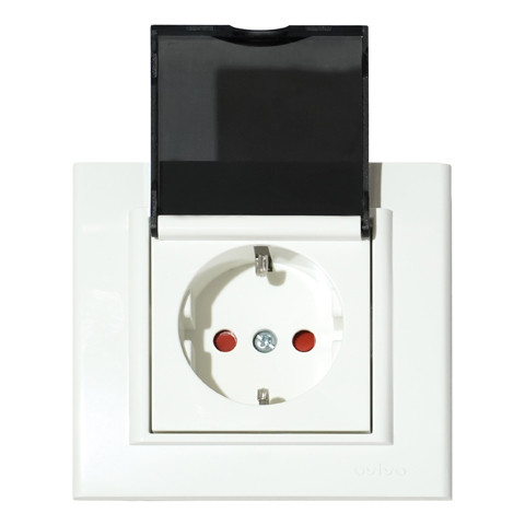 Розетка одинарна з заземленням з кришкою та шторками біла MINA, фото 1