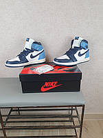 Чоловічі кросівки Nike Air Jordan 1 Retro сині з білим. Взуття чоловіче на осінь синя Найк Аїр Джордан Ретро 1, фото 8