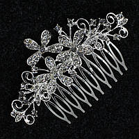 Гребінець сріблястий металевий для волосся з камінням квіточками завитушки розмір 10х4 см на 10 зубців