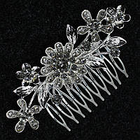 Гребінець сріблястий металевий для волосся з кристалами квіточки розмір 10х4 см на 10 зубців
