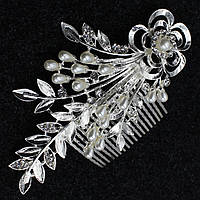 Гребешок серебристый металический для волос с кристаллами с большой жемчужиной цветочек лепестки размер 13х9см