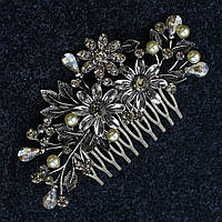 Гребінець для волосся бронзовий металевий із золотистими намистинами зі стразами квіточки ромашки розмір 9х4 см