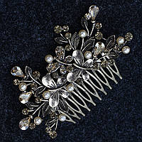 Гребінець для волосся бронзовий металевий із перлами з кришталевим камінням метелика розмір 9х4 см на 10 зубців
