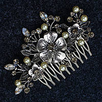 Гребінець для волосся бронзовий металевий із золотими намистинами в каменях квіточки розмір 9х4 см на 10 зубців