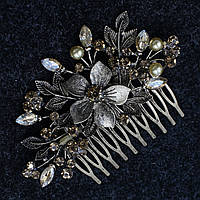 Гребінець для волосся бронзовий металевий із золотими намистинами в стразах квіточки розмір 9х4 см на 10 зубців