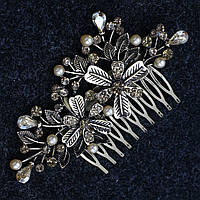 Гребінець для волосся бронзовий металевий із намистинами в каменях квіточки пелюстки розмір 9х4 см на 10 зубців