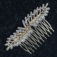 Гребінець для волосся золотистий металевий із кришталевим камінням гілочки розмір 9х4 см на 10 зубців