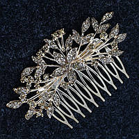 Гребінець для волосся золотистий металевий у каменях квіточок гілочки розмір 9х4 см на 10 зубців