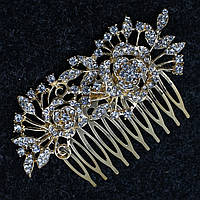 Гребінець для волосся золотистий металевий із фіанітами трояндочки гілочки розмір 9х4 см на 10 зубців