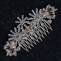 Гребінець для волосся золотистий металевий у стразах ромашки гілочки розмір 9х4 см на 10 зубців