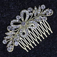 Гребінець для волосся лимонного відтінку металевий у каменях метелик із гілочками розмір 9х4 см