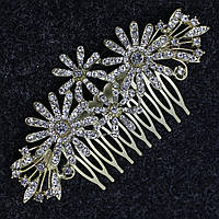 Гребінець для волосся лимонного відтінку металевий із камінням ромашки розмір 9х4 см на 10 зубців