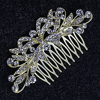 Гребінець для волосся лимонного відтінку металевий із камінням бантик листочки розмір 9х4 см на 10 зубців