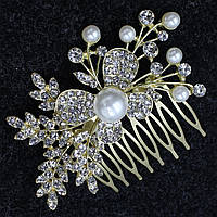 Гребінець для волосся лимонного відтінку металевий із перлами та фіанітами метелик гілочки розмір 9х4 см