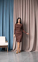 Замшевое теплое женское платье-карандаш с поясом, коричневое 44, 46, 48, 50, 52