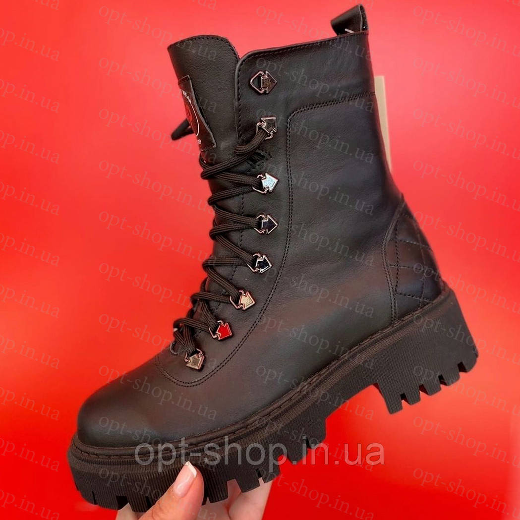 Жіночі берці зимові Черевики шкіряні чорні на шнурівці на хутрі білі, бежеві,Черевики жіночі берци зимові беж, фото 1